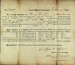 1818 Cincinnati federal land office record for Henry Smith