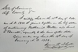 Marriage certificate of Sarah Tittle Barrett and Nathaniel Bolton. Jefferson County, 16 January 1832.