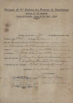 Baptism certificate of Júlio Prestes. Itapetininga, Brazil, 1945