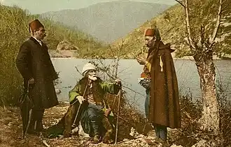 Bosniak men in traditional attire including the red fez hats - Gorazde, 1895
