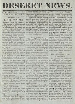 Front page of Deseret News. June 15, 1850