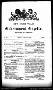 Cover of the NSW Government Gazette from 1879