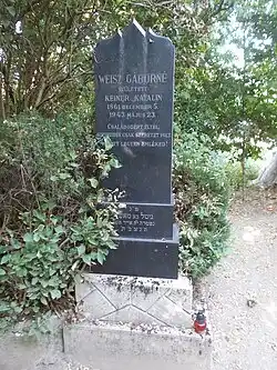 Tombstone of Mrs. Gábor Weisz (neé Katalin Keiner). Jewish section at the Vörösmarty Mihály Street Cemetery of Fót, Hungary.