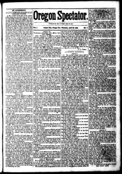 Front page of Oregon Spectator. 30 April 1846