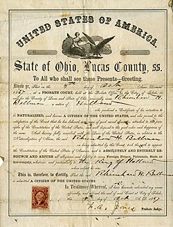 Certificate of naturalization from the Lucas County, Ohio Probate Court for "Rhienhart H. Bollman" dated October 8, 1867.
