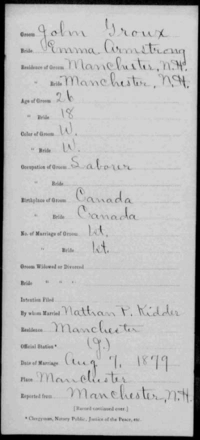 Marriage record of John Groux and Emma Armstrong, 1879.
