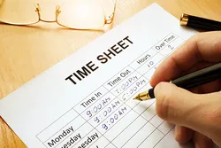 Records work hours in a time sheet