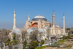 The mosque of Hagia Sophia in Istanbul today. It was originally built as a Christian cathedral. The minarets (i.e. the four pointy towers) were added after the Ottomans conquered Constantinople and repurposed the church as a mosque