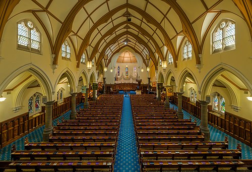 The interior of Scots' Church, Melbourne, Australia, as viewed from the rear balcony of the church looking toward the altar.