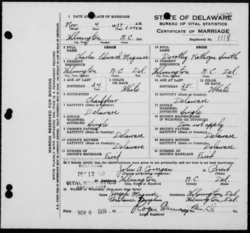 Marriage certificate of Charles Edward Maguire and Dorothy Kathryn Smith. Wilmington, 1939.