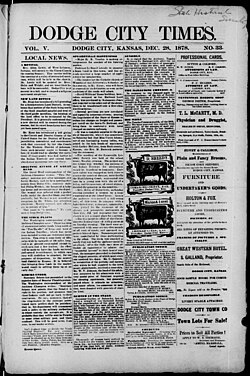 Front page of Dodge City Times, December 28, 1878