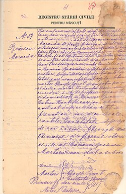 Birth certificate of Smaranda Brăescu. Galați, 1897