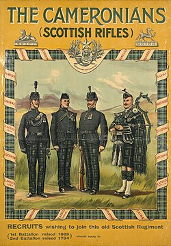 the image covers the main, headed by the regiment badge and held within a border of regimental tartan embellished with a roll of honour. The title is positioned across the top in green, with further text placed along the bottom also in green. All are set against a bright yellow background. image: four soldiers from The Cameronians, in ceremonial dress, stand within a Scottish landscape. They include an officer, NCO, rifleman and piper. Two separate images of campaign badges for Egypt and China flank the title. text: THE CAMERONIANS (SCOTTISH RIFLES) GALE AND POLDEN LT.D. Printers LONDON AND ALDERSHOT.