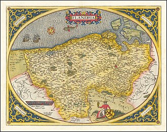 Abraham Ortelius' second map of Flanders, from the 1584 Latin edition of his Theatrum Orbis Terrarum, the first modern atlas of the world. The map has a decorative strapwork egg-shaped border. It is embellished with a compass rose, sailing ships, sea monsters, a seated woman holding grain and a coat of arms with the Flemish lion. The map is based on Gerard Mercator's map of Flanders of 1540.