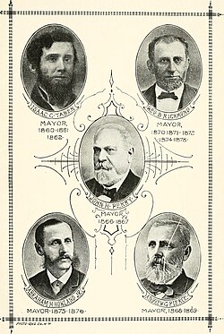 Photos of 5 mayors of New Bedford: Isaac C. Taber; George B. Richmond, John H. Perry; Abraham H. Howland Jr., and Andrew G. Pierce from the book "New Bedford, Massachusetts; its history, industries, institutions and attractions", 1889