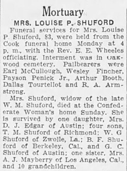 Louisa Pool Belcher (1849-1931) obituary in The Austin American of Austin, Texas on 18 August 1931