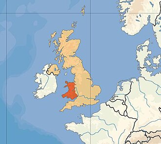 Location of Wales in UK, on terrain map showing surface and underwater contour areas.
