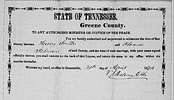 Marriage license for Henry Smith and Florence Johnson. Greenville, 1874.