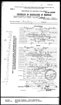 Marriage record of Claude Joseph Fitzgerald and Joyce Paquette. Courtenay, British Columbia, Canada.1936