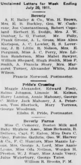 Salem Register, Salem, Massachusetts "Unclaimed Letters" July 20, 1911 page 1 column 6