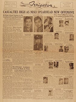 Front page of the Minikoda Irrigator. April 28, 1945.