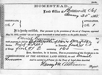 Daniel Freeman, Homestead Act of 1862 Land Patent, Beatrice, Nebraska