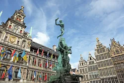 Brabo Statue in front of the City Hall in Antwerp, Belgium.
