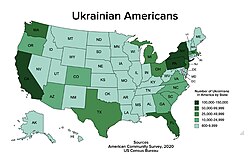 Map of the USA with the numbers of Ukrainian Americans by state
