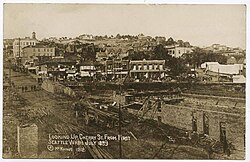 View east on Cherry St from First Ave after Great Fire, Seattle, July 1889