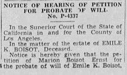 Emile Kellogg Boisot probate in The Pasadena Post on February 9, 1941