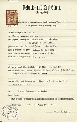 Birth and baptism certificate of Peter Prosch