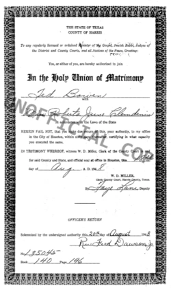 Marriage record of Ted Bowen and Roberta June Clemdenin. 1948.