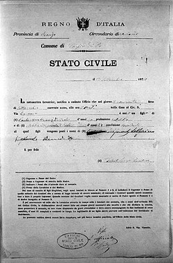 Birth Certificate of Benedetto Paolo Mantovani, 1877
