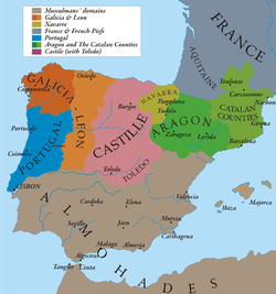 Map of Spain in the thirteenth century showing the various Spanish kingdoms and the extent of Muslim rule at that time
