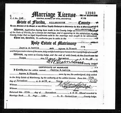 Marriage license of Jarvis Andrew Lattin and Agnes M. Thornhill. Tampa, November 13, 1928.