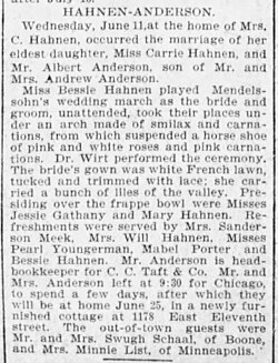 Caroline Augusta Hahnen and Albert Anderson marriage in The Des Moines Register of Des Moines, Iowa on June 15, 1902
