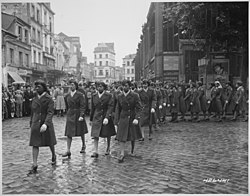 Members of the 6888th Battalion in a May 1945 parade honoring Joan of Arc where she had been burned at the stake