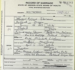 Marriage record of Ruth Elizabeth Lindauer and Michael Richard Sherman. Portland, 1968