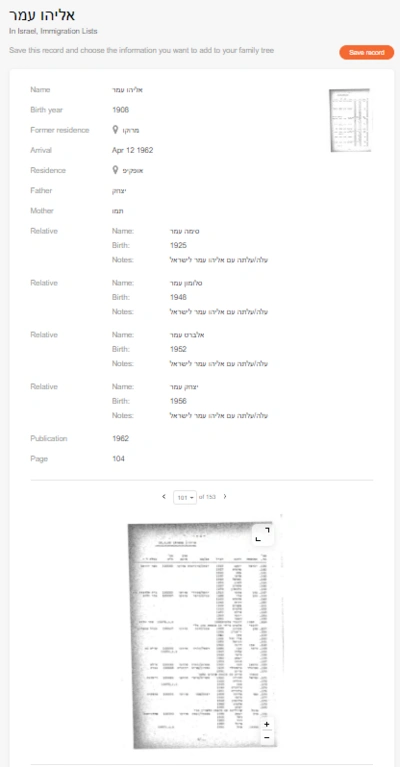 Full record of Solomon (Shlomo) Amar in Israel Immigration Lists. MyHeritage