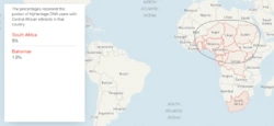 A world map with the top countries for Central African ethnicity: South Africa, Bahamas