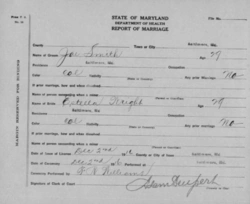 Marriage report of Joe Smith and Estella Wright. 1917