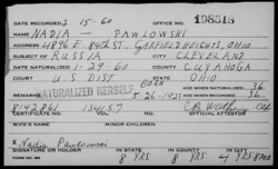 Naturalization record of Nadia Pawlowski. Cleveland, 1960.