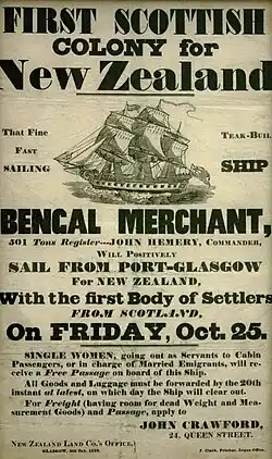 Scottish poster advertising emigration to New Zealand including the date and service advertised