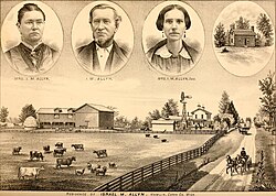 Page from the book "History of Ingham and Eaton counties, Michigan" with images of Israel M. Allyn, his residence in Hamlin and his first and second wives, 1880