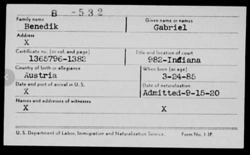 Naturalization record for Gabriel Benedik. Indianapolis, 1920.