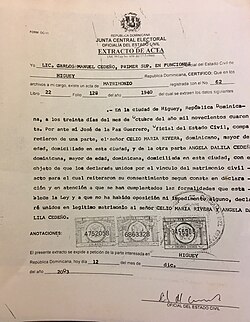 Marriage certificate of Celio María Rivera and Angela Dalila Cedeño. Higuey, 1940