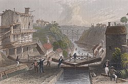 View east of eastbound Lockport on the Erie Canal by W.H. Bartlett, 1839