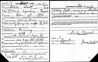 United States World War I draft card for Lation Scott dated June 5, 1917