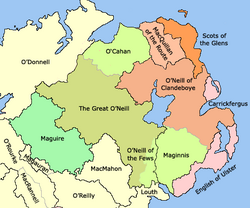 The lordships of Ulster in the fifteenth century. The O’Neill, O’Donnell, MacMahon and Maguire surnames are still very common in these areas centuries later.