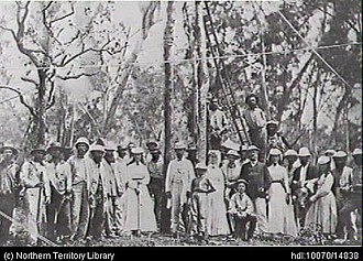 Planting the first telegraph pole, near Palmerston (Darwin) on 15 September 1870.
